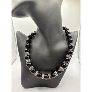 Vintage E.Pearl Black Beaded Rhinestone Formal Collar Necklace Retro